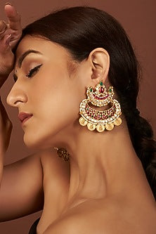 Gold Finish Kundan Polki & Multi-Colored Beaded Dangler Earrings