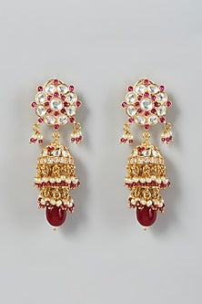Gold Finish Kundan Polki & Red Stone Dangler Earrings