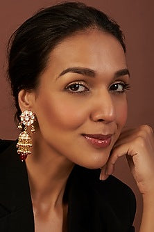 Gold Finish Kundan Polki & Red Stone Dangler Earrings