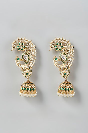 Gold Finish Pearl & Kundan Polki Dangler Earrings