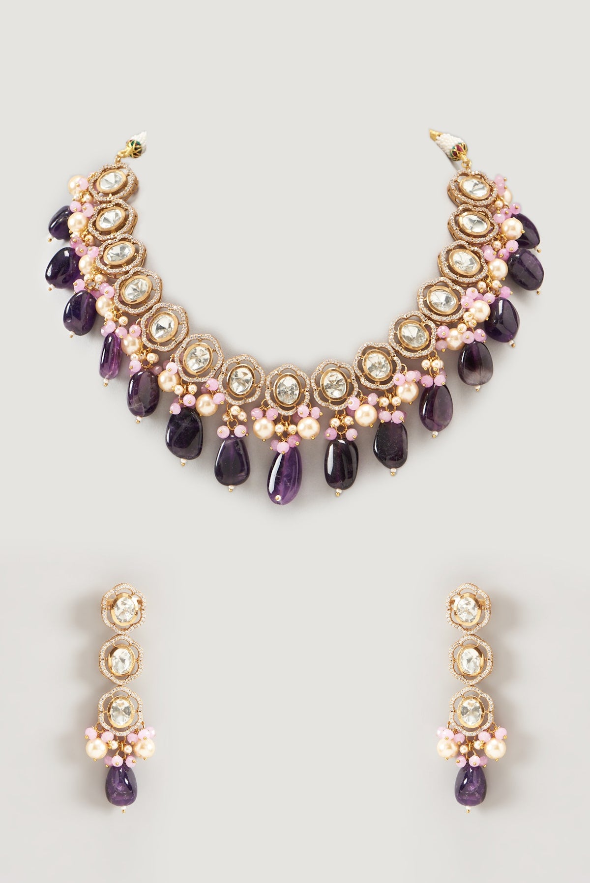 Gold Finish Kundan Polki & Pearl Necklace Set