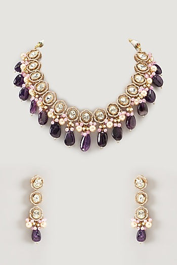 Gold Finish Kundan Polki & Pearl Necklace Set