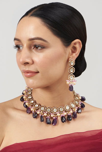 Gold Finish Kundan Polki & Pearl Necklace Set