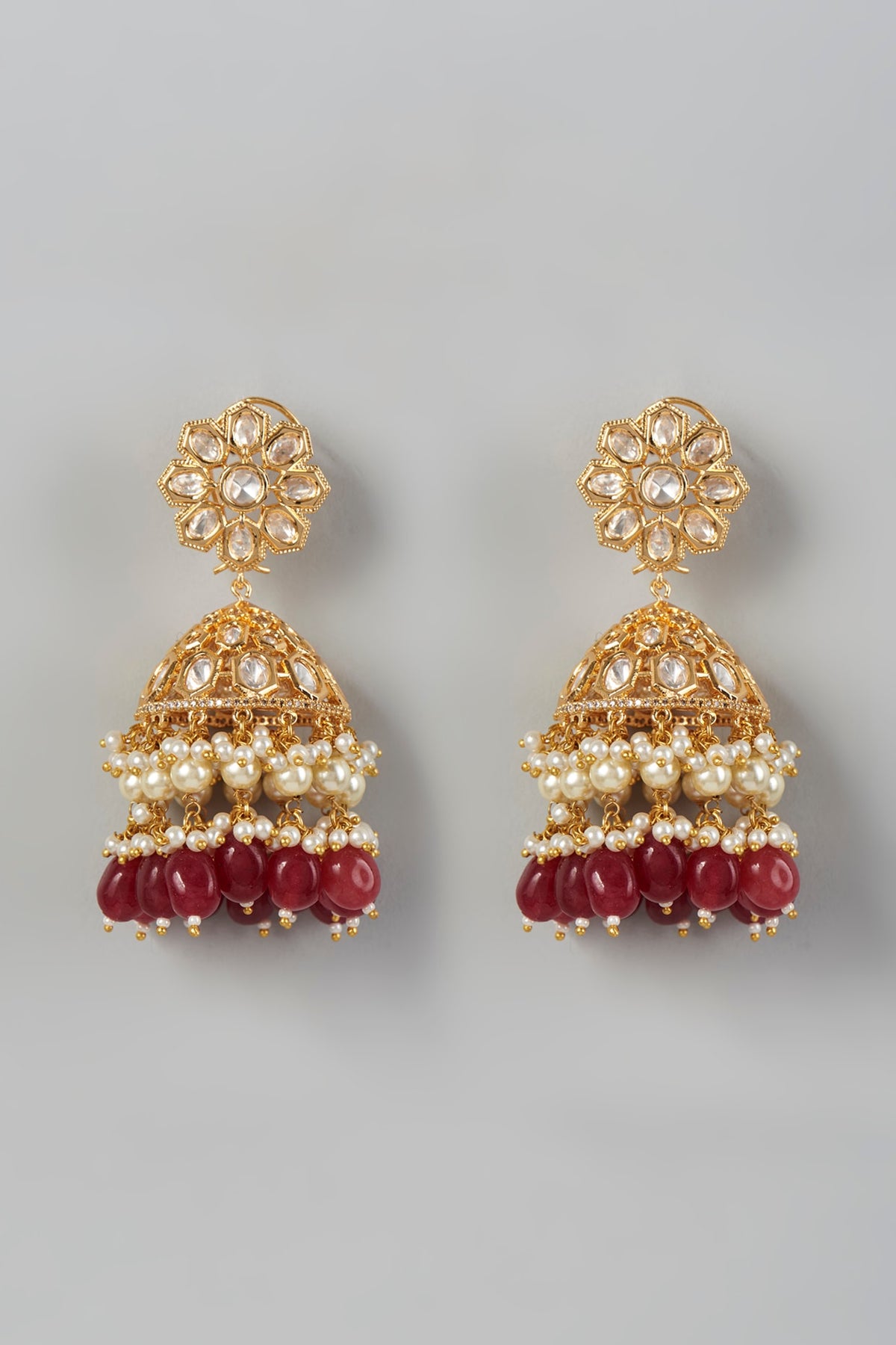 Gold Finish Kundan Polki & Red Beaded Dangler Earrings