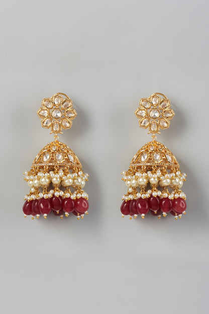 Gold Finish Kundan Polki & Red Beaded Dangler Earrings
