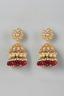 Gold Finish Kundan Polki & Red Beaded Dangler Earrings