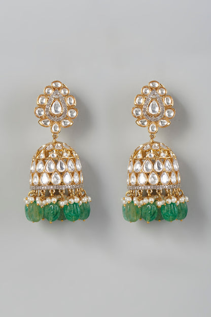 Gold Finish Kundan Polki & Green Drop Beaded Dangler Earrings