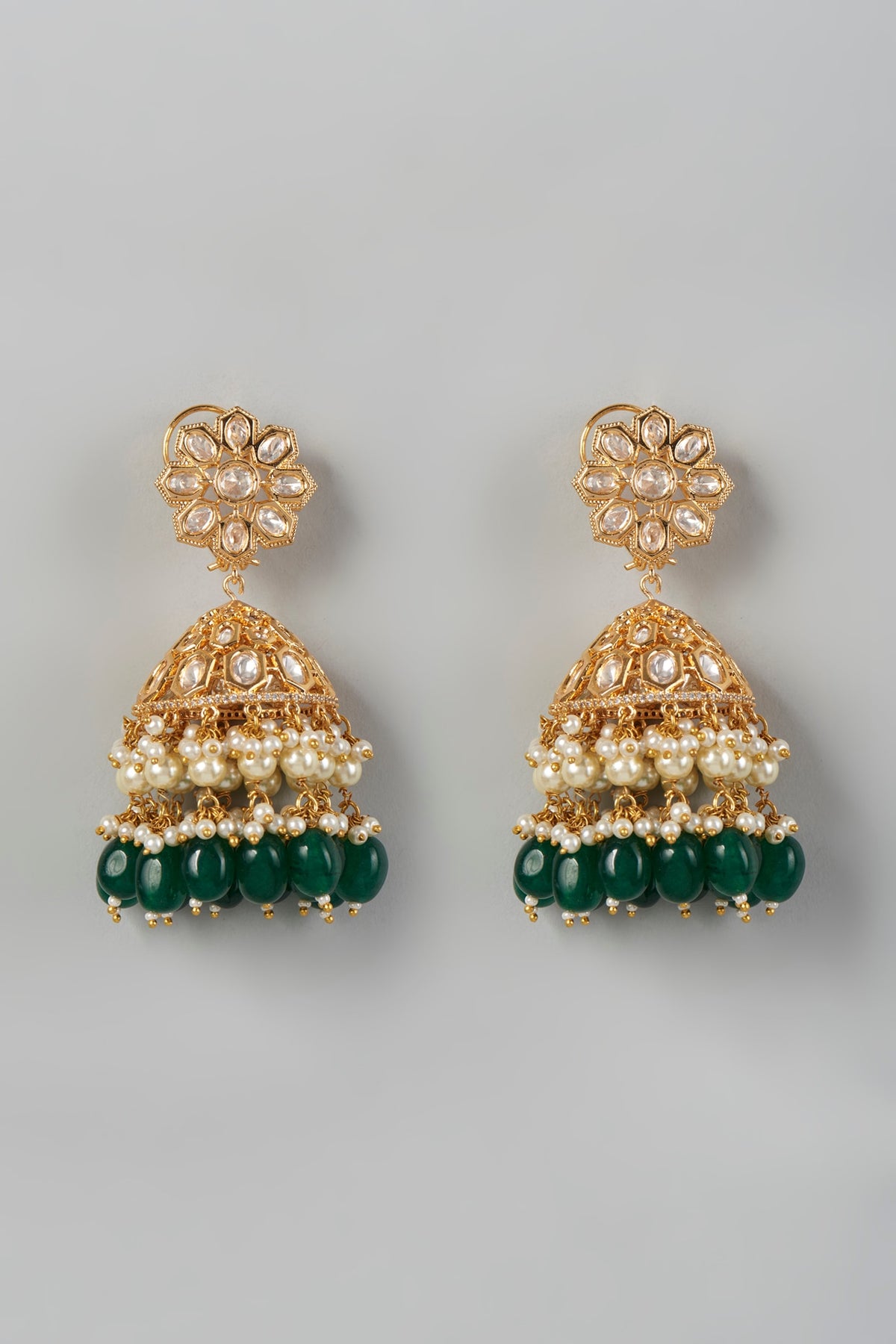 Gold Finish Kundan Polki & Green Beaded Dangler Earrings