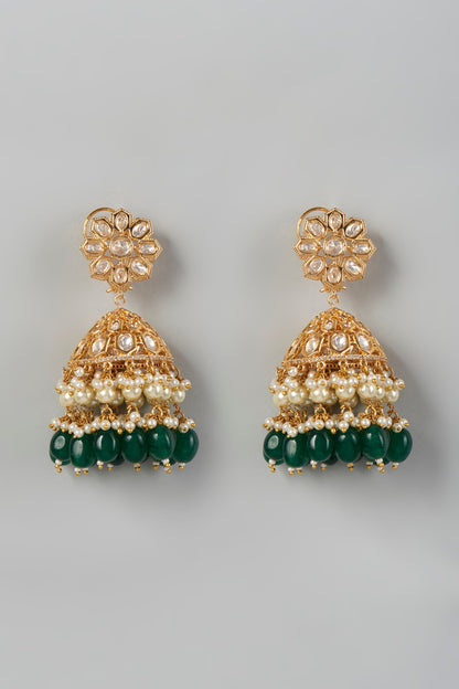 Gold Finish Kundan Polki & Green Beaded Dangler Earrings