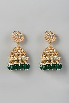 Gold Finish Kundan Polki & Green Beaded Dangler Earrings