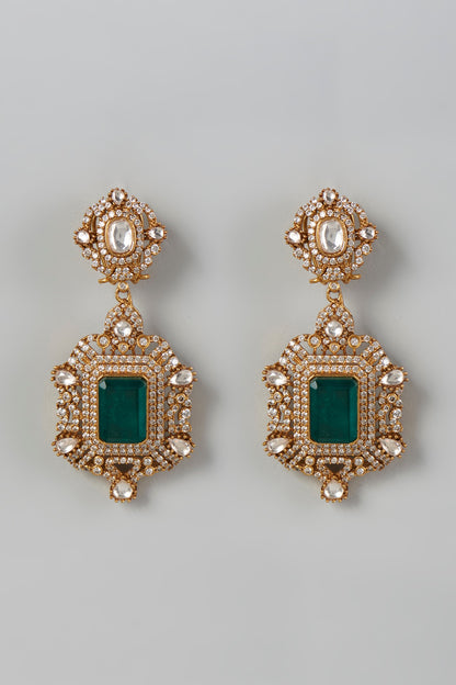 Gold Finish Kundan Polki & Green Drop Dangler Earrings