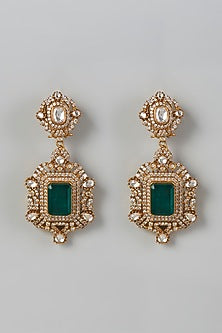 Gold Finish Kundan Polki & Green Drop Dangler Earrings