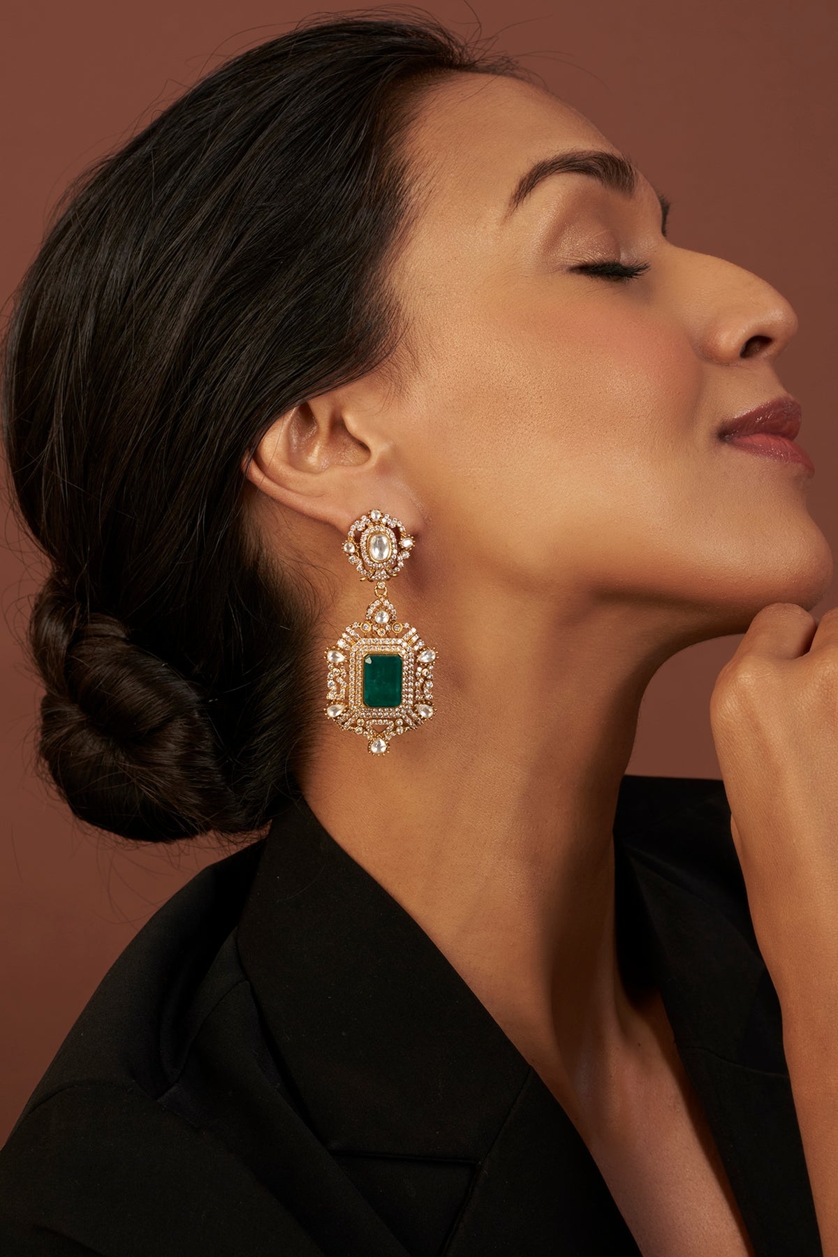 Gold Finish Kundan Polki & Green Drop Dangler Earrings