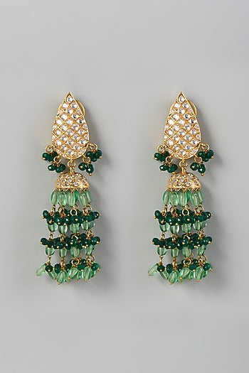 Gold Finish Kundan Polki & Green Beaded Dangler Earrings
