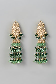 Gold Finish Kundan Polki & Green Beaded Dangler Earrings