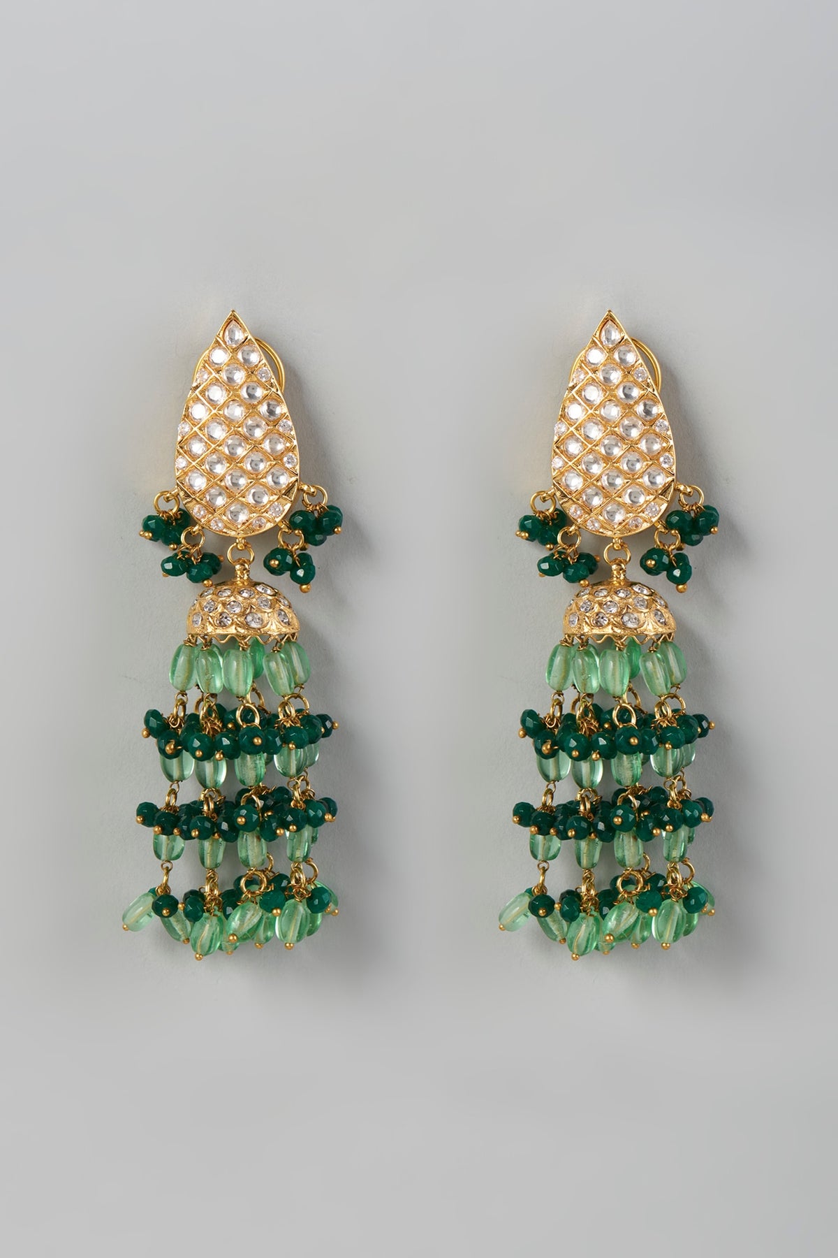 Gold Finish Kundan Polki & Green Beaded Dangler Earrings