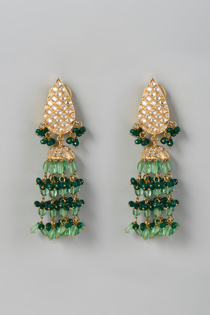Gold Finish Kundan Polki & Green Beaded Dangler Earrings