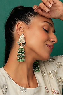 Gold Finish Kundan Polki & Green Beaded Dangler Earrings