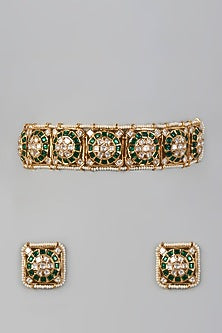Gold Finish Green Stone & Kundan Polki Choker Necklace Set
