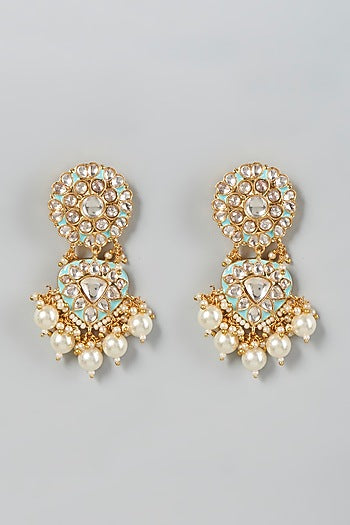Gold Finish White Pearl & Kundan Polki Dangler Earrings