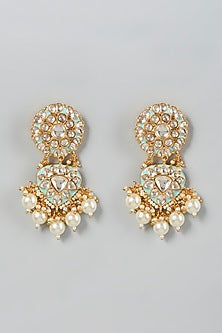 Gold Finish White Pearl & Kundan Polki Dangler Earrings