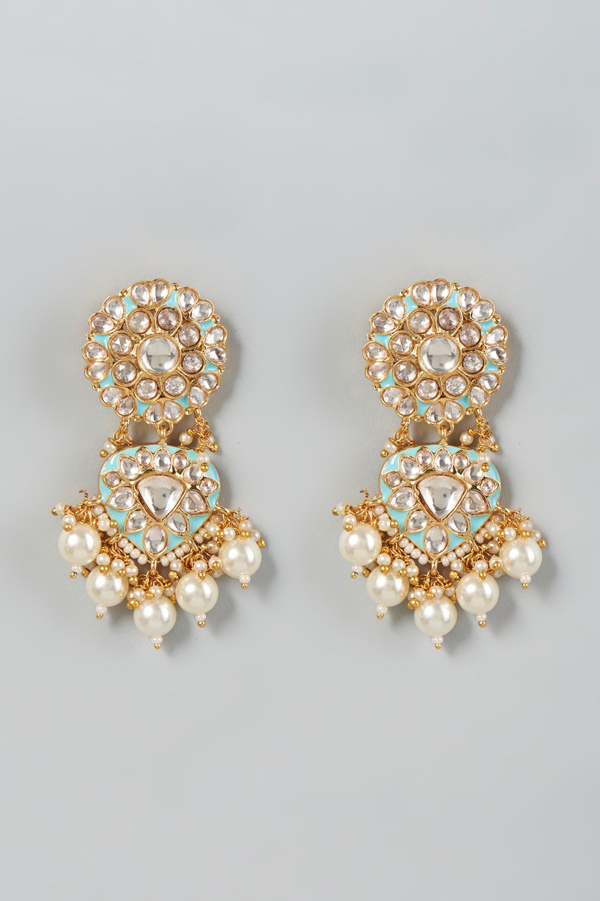 Gold Finish White Pearl & Kundan Polki Dangler Earrings