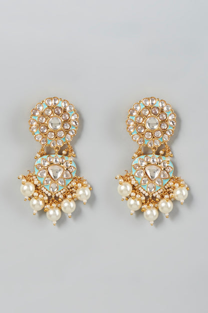 Gold Finish White Pearl & Kundan Polki Dangler Earrings