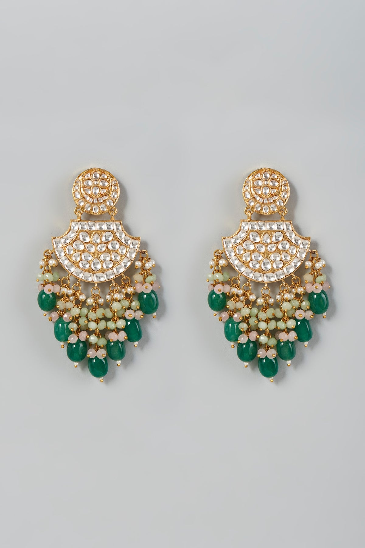 Gold Finish Kundan Polki & Green Drop Beaded Earrings