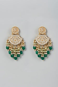 Gold Finish Kundan Polki & Green Drop Beaded Earrings