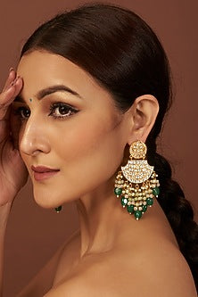 Gold Finish Kundan Polki & Green Drop Beaded Earrings