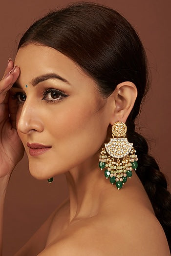 Gold Finish Kundan Polki & Green Drop Beaded Earrings