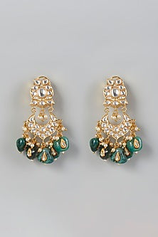 Gold Finish Kundan Polki & Green Drop Beaded Dangler Earrings