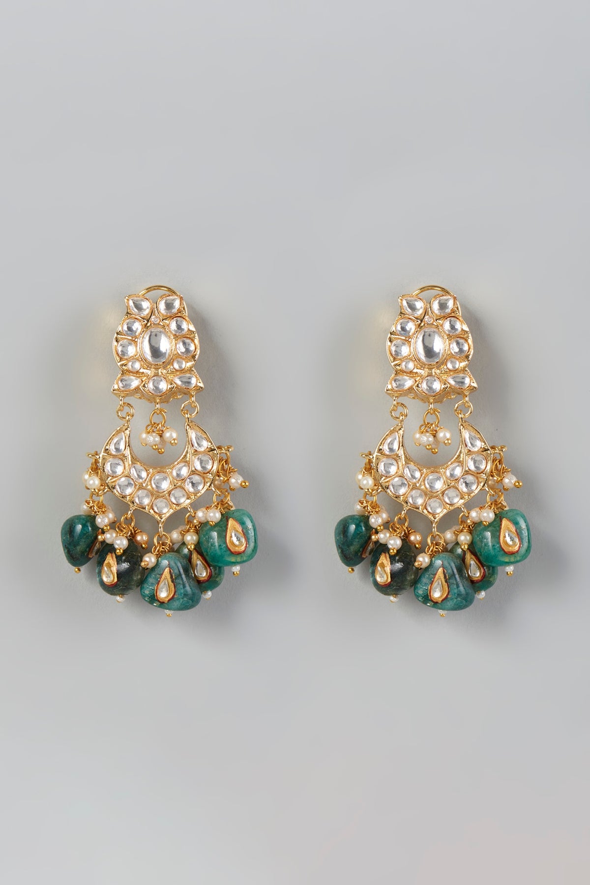 Gold Finish Kundan Polki & Green Drop Beaded Dangler Earrings