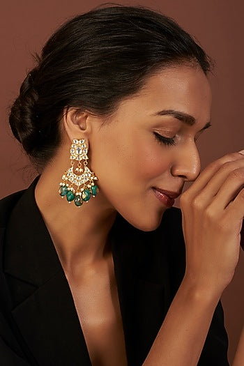 Gold Finish Kundan Polki & Green Drop Beaded Dangler Earrings