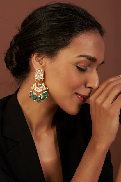 Gold Finish Kundan Polki & Green Drop Beaded Dangler Earrings