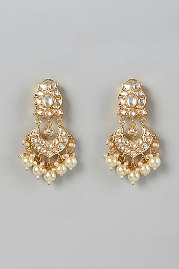 Gold Finish Kundan Polki & Pearl Dangler Earrings