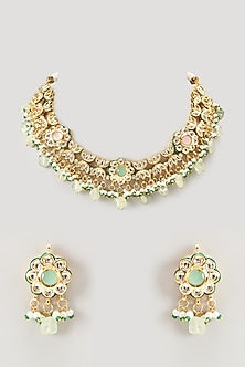 Gold Finish Kundan Polki & Multi-Colored Synthetic Stone Necklace Set