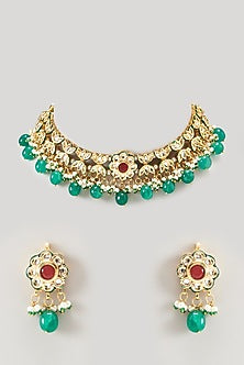 Gold Finish Kundan Polki & Red Synthetic Stone Choker Necklace Set