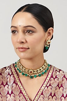 Gold Finish Kundan Polki & Red Synthetic Stone Choker Necklace Set