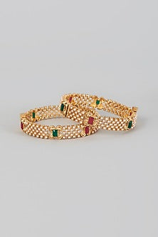 Gold Finish Red & Green Synthetic Stone Bangles (Set of 2)