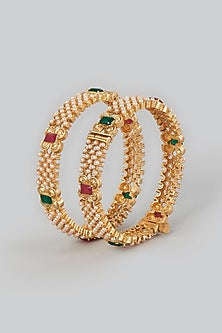 Gold Finish Red & Green Synthetic Stone Bangles (Set of 2)