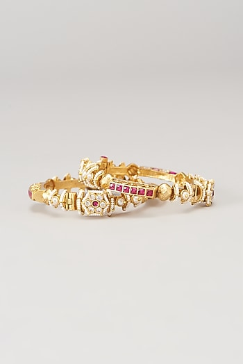 Gold Finish Kundan Polki & Red Synthetic Stone Bangles (Set of 2)