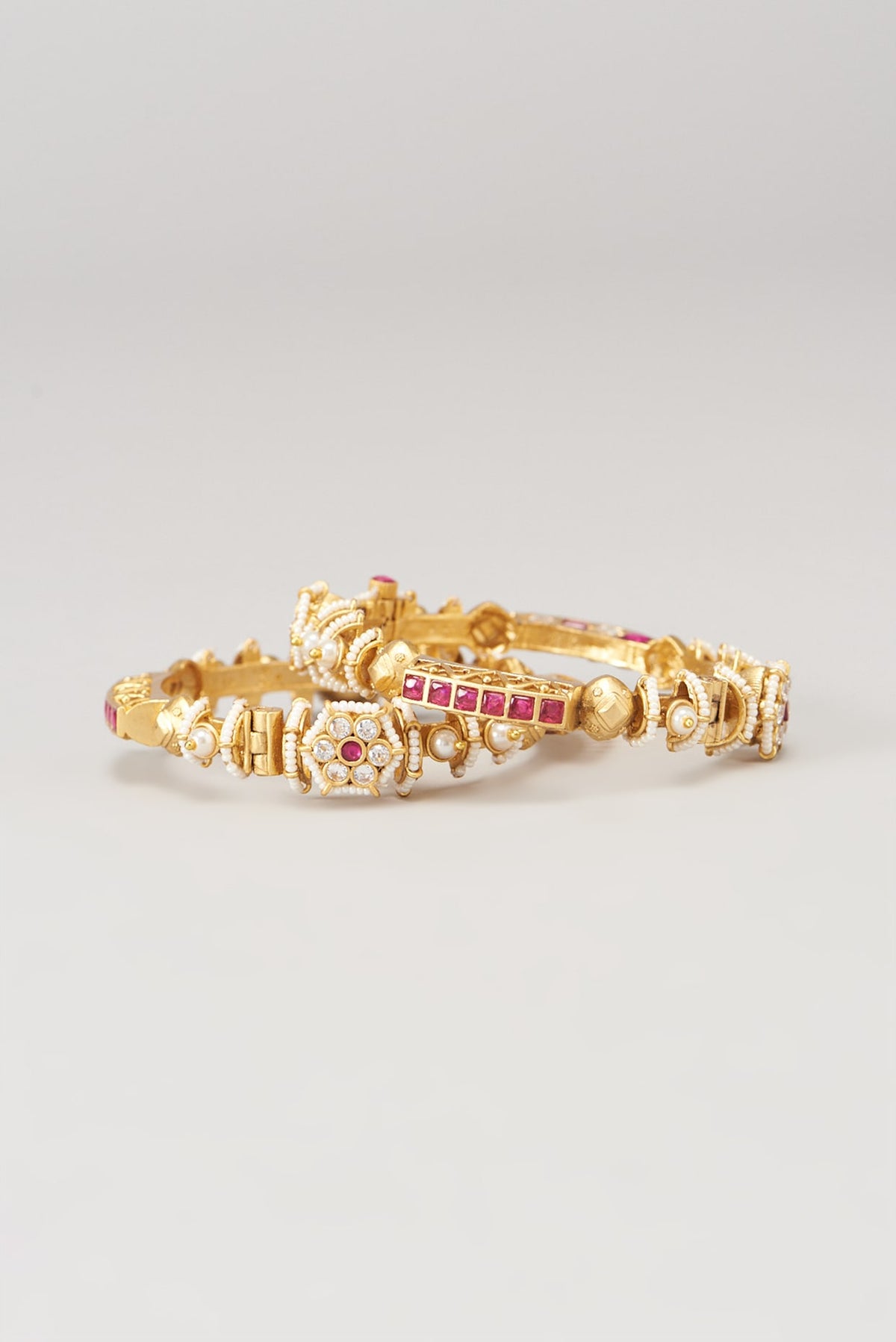Gold Finish Kundan Polki & Red Synthetic Stone Bangles (Set of 2)