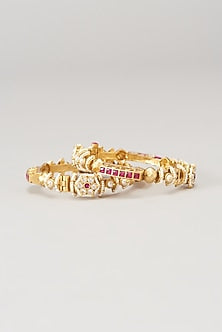 Gold Finish Kundan Polki & Red Synthetic Stone Bangles (Set of 2)