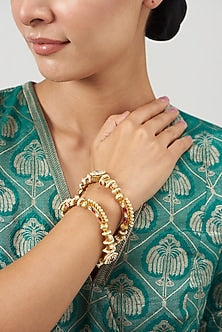 Gold Finish Kundan Polki & Red Synthetic Stone Bangles (Set of 2)