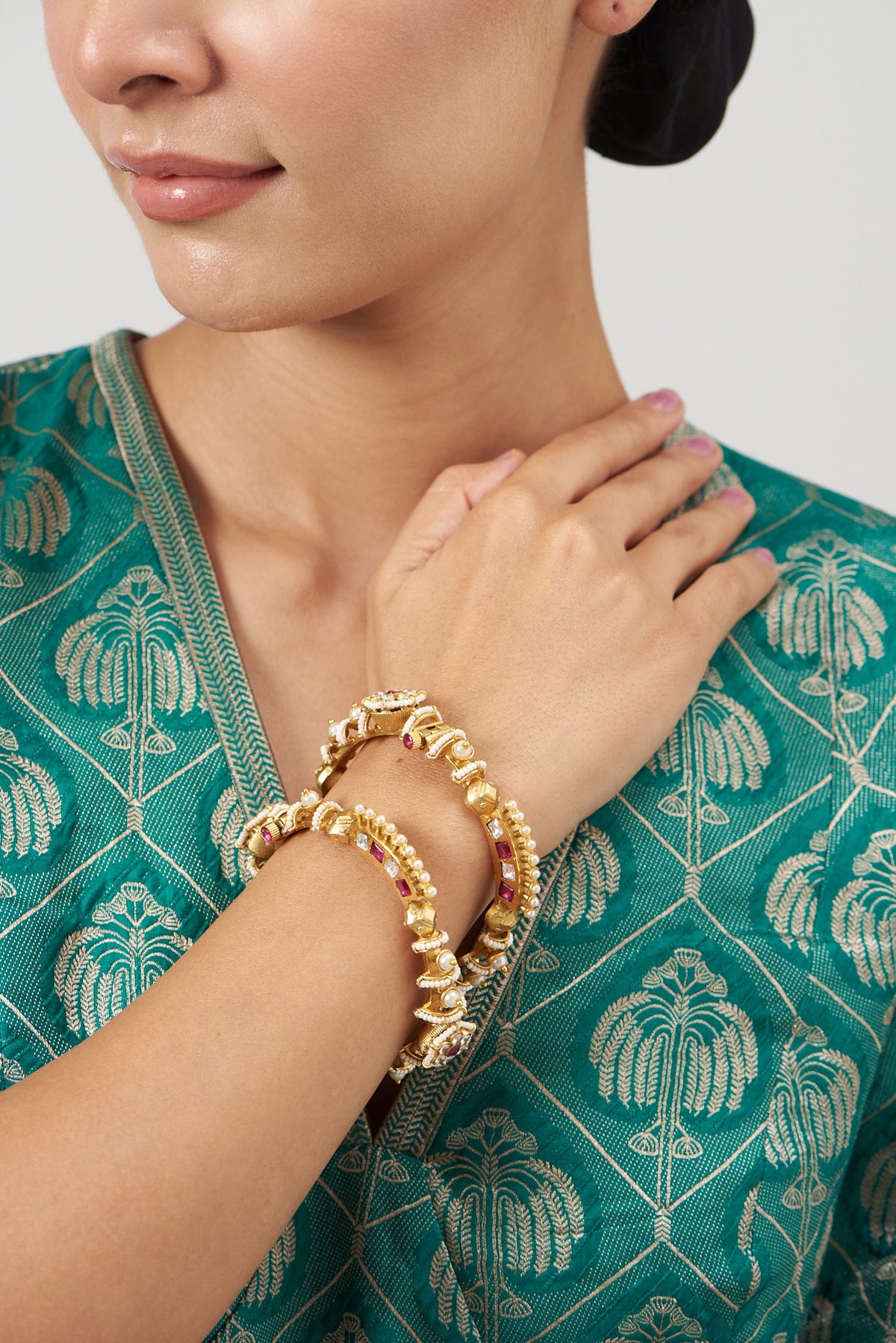 Gold Finish Kundan Polki & Red Synthetic Stone Bangles (Set of 2)