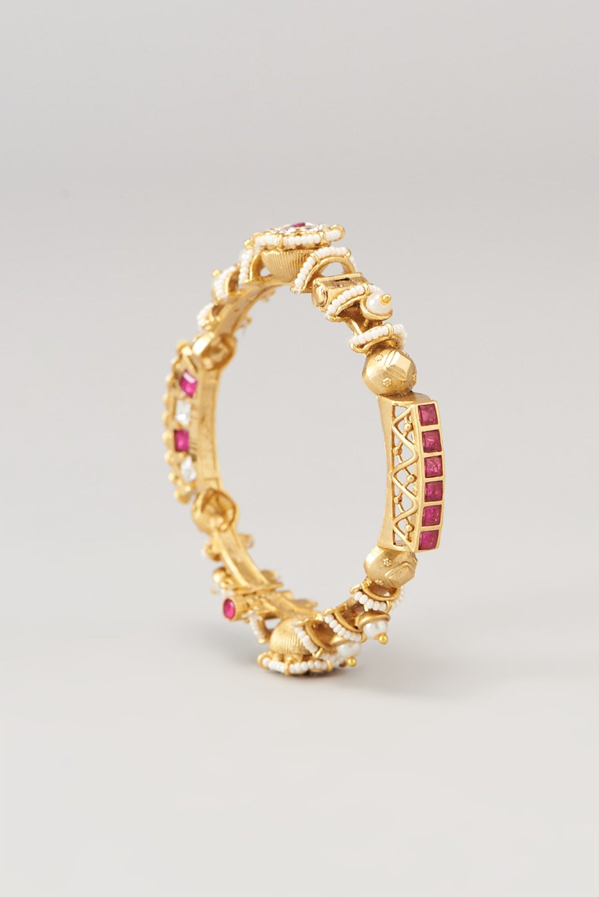 Gold Finish Kundan Polki & Red Synthetic Stone Bangles (Set of 2)