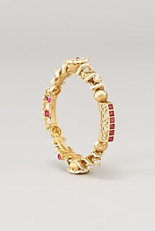 Gold Finish Kundan Polki & Red Synthetic Stone Bangles (Set of 2)