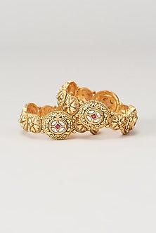 Gold Finish kundan Polki & Red Synthetic Stone Temple Bangles (Set Of 2)