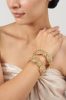 Gold Finish kundan Polki & Red Synthetic Stone Temple Bangles (Set Of 2)